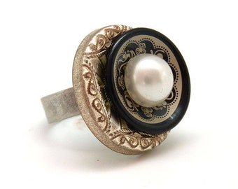 Pearly white resin cultured ring, antique style | BRIDAL | adjustable - KUMKA