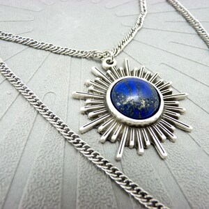 Aged silver necklace sun pendant lapis lazuli stone 2 rows, cosmic and boho FULLSUN image 1