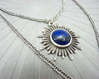 Aged silver necklace sun pendant lapis lazuli stone 2 rows, cosmic and boho FULLSUN