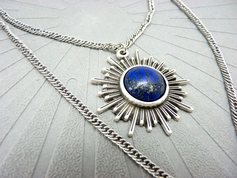 Aged silver necklace sun pendant lapis lazuli stone 2 rows, cosmic and boho FULLSUN image 1