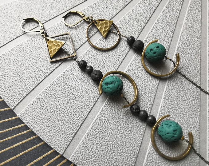 Asymmetrical green lava stone earrings, bronze half-moon | DREAMERS | clip-on option