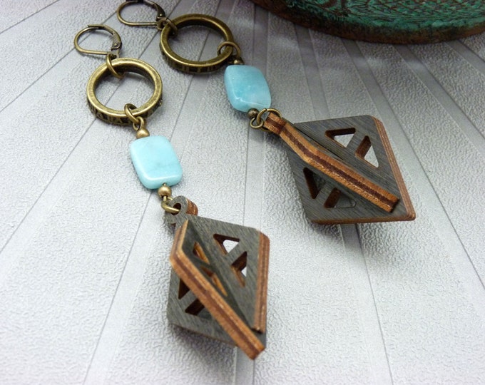 3D wood earrings blue amazonite stone WOODSTONE clip option - last piece!