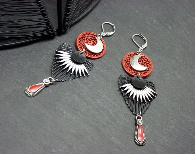 Moon and sun ray earrings - red, silver, black - cosmic jewelry - EQUINOXE - clip-on option