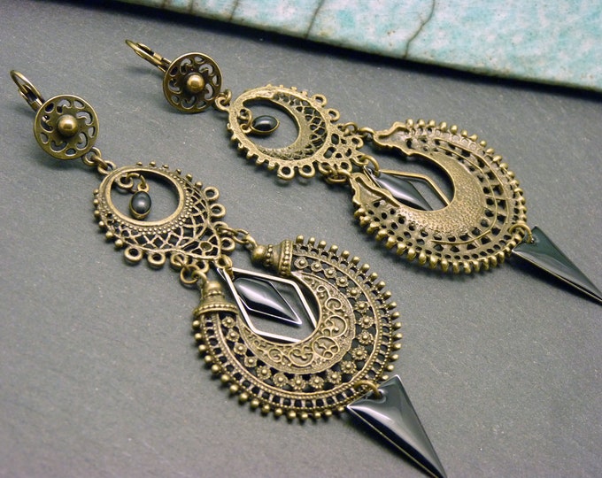 ESMERALDA oriental boho gypsy earrings, bronze metal, black enamel, clip-on option