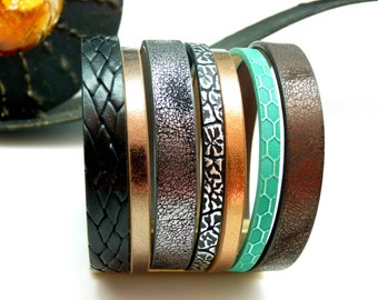 Bracelet manchette cuir magnétique aimanté bronze noir turquoise, gris,argent, cuivré, large 5 cm CREPTPARTY Best seller