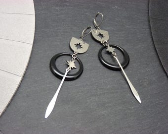 Silver, black, stainless steel, cosmic star earrings - SATURNELLE - clip-on option