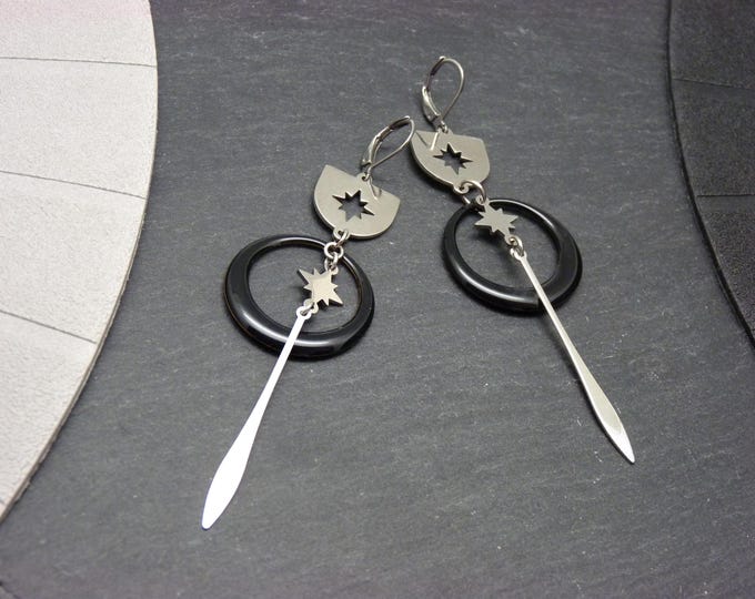 Silver, black, stainless steel, cosmic star earrings - SATURNELLE - clip-on option