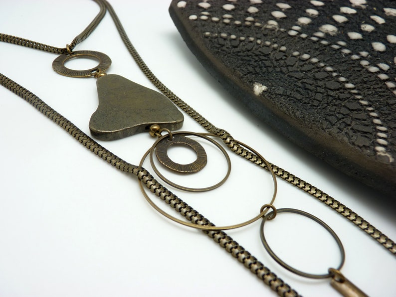 long necklace chic bohemian Chic collection PYRITE KUMKA Long necklace big stone lasso metal bronze brass necklace pyrite