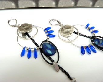 Indigo blue, silver and black hoop earrings, metal, glass MIMI BOHEME Clips option