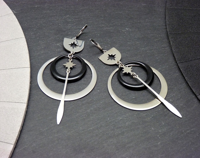 Silver Creoles Black stainless steel, cosmic star - SATURNELLE - clips option