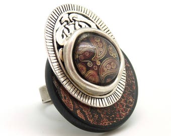 Large silver plated ring in resin metal and paper burgundy cashmere and reptile CHAMANE adjustable adjustable patterns