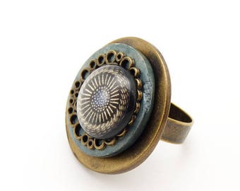 Bague ronde métal bronze bois bleu jean résine motif noir et bleu NEBULEUSE réglable ajustable