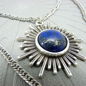 Aged silver necklace sun pendant lapis lazuli stone 2 rows, cosmic and boho FULLSUN Lapis Lazuli indigo