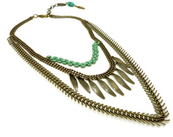 Bronze and turquoise metal bib necklace and 3-row ethnic stone back jewel ASHBAL
