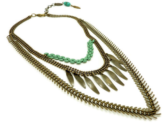 Bronze and turquoise metal bib necklace and 3-row ethnic stone back jewel ASHBAL