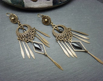 Boho gypsy metal bronze black enamel earrings ESMERALDITA clip option