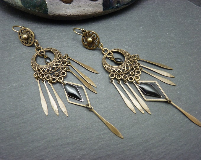 ESMERALDITA boho gypsy earrings in bronze metal with black enamel, clip-on option