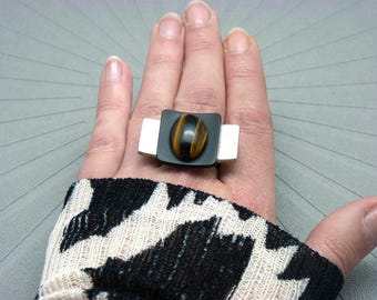 Silver ring with minimalist cross-stone tiger's eye | TIGER'S EYE | adjustable - KUMKA