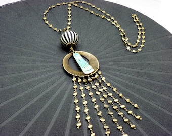 bronze textile necklace with black and ecru stripes - long art deco necklace, boho - ROARLING YEARS