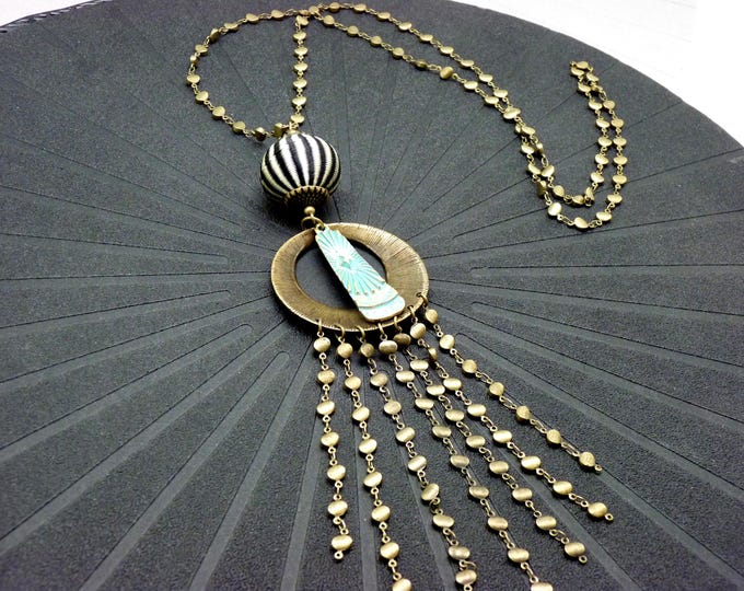 bronze textile necklace with black and ecru stripes - long art deco necklace, boho - ROARLING YEARS