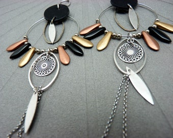Silver hoop earrings, black leather, matte glass, copper, bronze and black NEO BOHEMIA Clip-on option