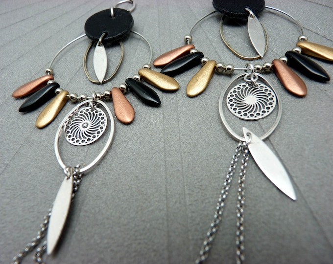 Silver hoop earrings, black leather, matte glass, copper, bronze and black NEO BOHEMIA Clip-on option