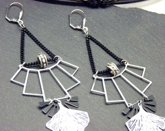 MUCHA silver and black metal art deco earrings / clip-on option - last pair!