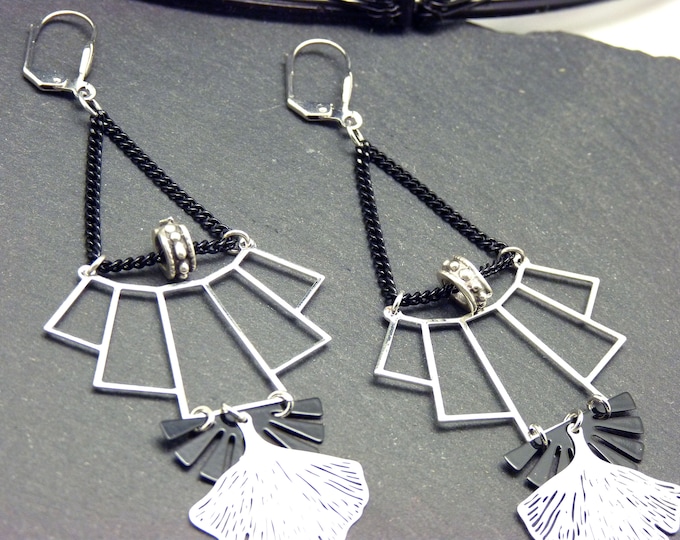 MUCHA silver and black metal art deco earrings / clip-on option - last pair!