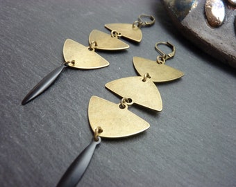 Ethnic bronze brass metal triangle earrings (asymmetrical of your choice) POKA clip option