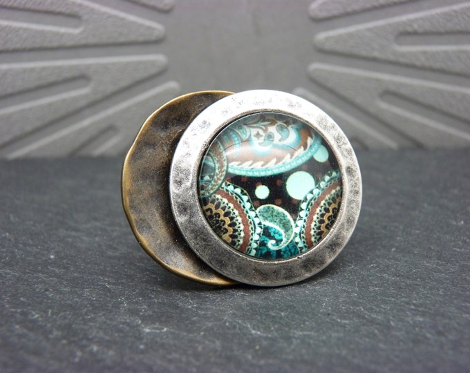 Ring pattern light turquoise brown metal aged silver hammered, bronze, glass, offset MIRCACH adjustable adjustable