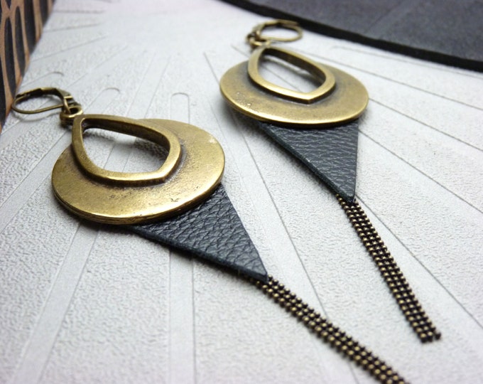 Ethnic bronze metal and black leather chain earrings, tribal chic LENYA clip-on option - Last item!