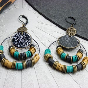Colorful hoop earrings, duck green ochre Heishi beads - ethnic Boho Chic - AMERA - clips option