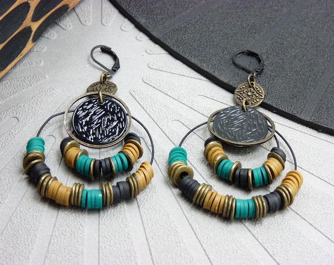 Colorful hoop earrings, duck green ochre Heishi beads - ethnic Boho Chic - AMERA - clips option