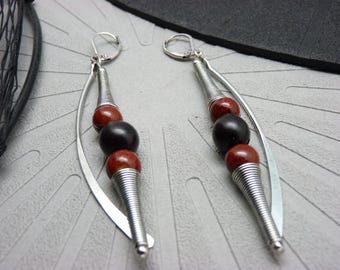 Red ceramic, wood, silver earrings - cosmic rock - ZOUIG - clip-on option