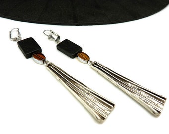 Long earrings in wood black glass yellow and metal ethnic silver art deco FIERTA option Clips