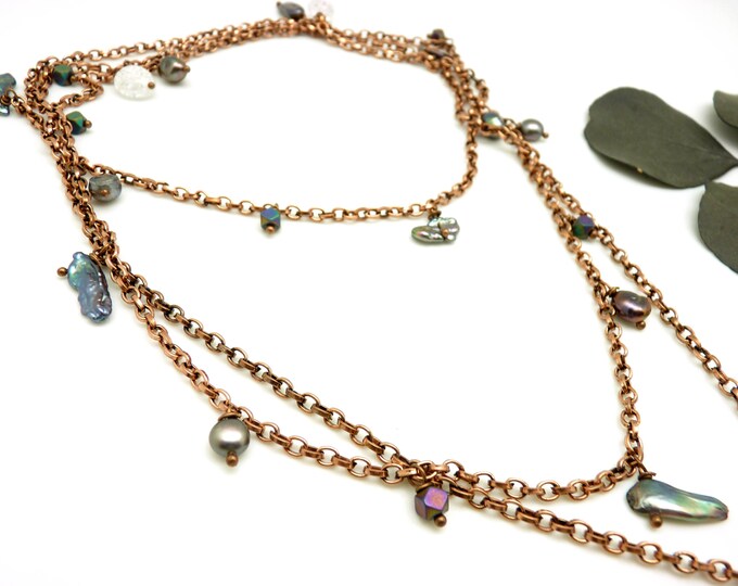 Necklace long necklace necklace sautoir Y multi pearls stones rock crystal hematite freshwater pearls mother-of-pearl purple copper chain CASCADE