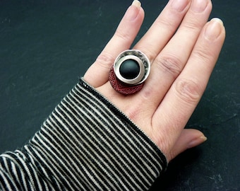 Small ethnic wooden ring silver red black metal resin NEW RETRO adjustable Best seller