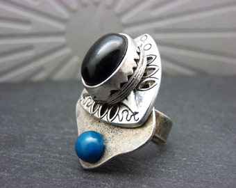 Silver ring black agate stone and blue green duck original ethnic shape KALISTA adjustable adjustable
