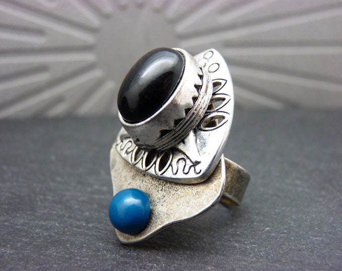 Silver ring black agate stone and blue green duck original ethnic shape KALISTA adjustable adjustable