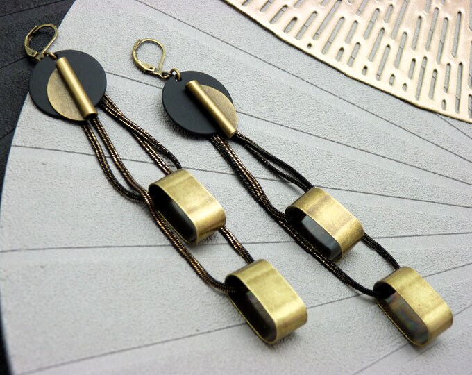 GABY Matte Graphic Earrings with Rectangular Black Bronze Pearls Clip-on option