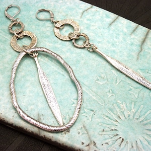 Very long ethnic asymmetrical ribbed silver earrings OLYMPE clip-on option Last item!
