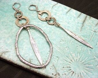 Very long ethnic OLYMPE asymmetrical striated silver earrings with clip option