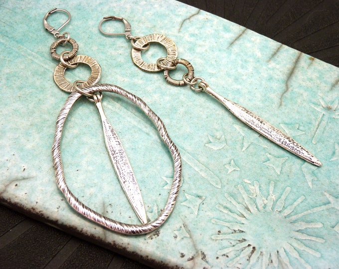 Very long ethnic asymmetrical ribbed silver earrings OLYMPE clip-on option Last item!
