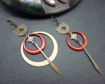 SATURNELLE enamelled red bronze star asymmetrical hoop earrings or identical to your choice of clips option