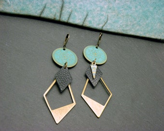 Asymmetrical earrings, black bronze turquoise oxidized, metal leather | NASTASIA | clip-on option - KUMKA