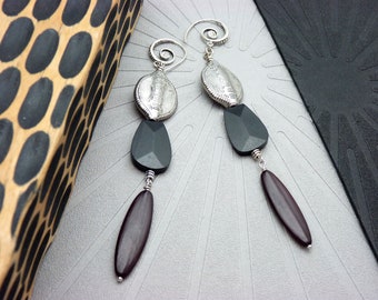Ethnic Earrings in Silver, Wood, and Burgundy Horn | OLESKA | Clip-on and Stretcher Options - KUMKA