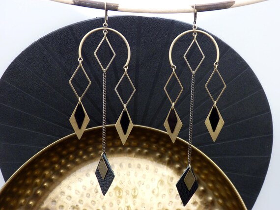 Boucles d’Oreilles Losanges Art Déco Bronze Noir | LOSIYA | Option Clips - KUMKA