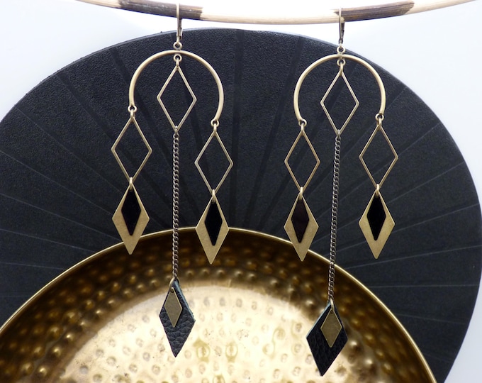 LOSIYA long diamond earrings, black bronze metal leather, extra-light, graphic art deco option clips