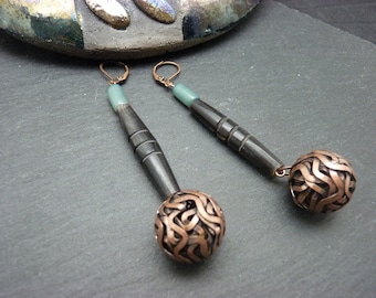 Copper earrings, black horn, celadon blue resin ENOURLOUPE clip option