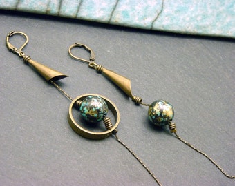 Asymmetrical earrings, bronze and blue, wood metal COSMOS clip option